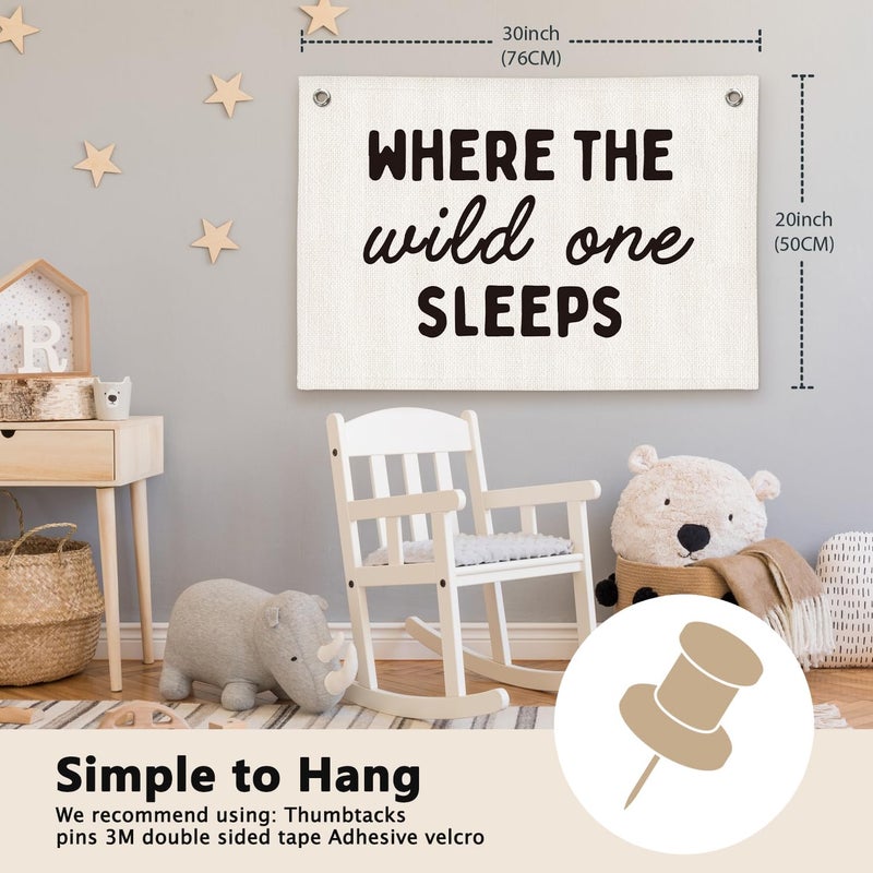 ETVISO Where the Wild Ones Kids Room Decor - Linen Banner Wall Hanging Canvas Banner Flag Decor for Kids Toddler Bedroom Nursery Playroom - Image 2